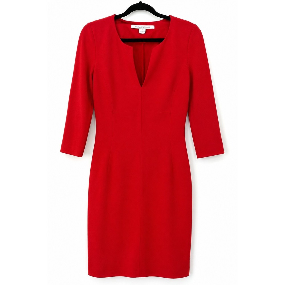 Diane von Furstenberg DVF Dress 10 Red Wool Blend V Neck 3/4 Sleeve Sheath